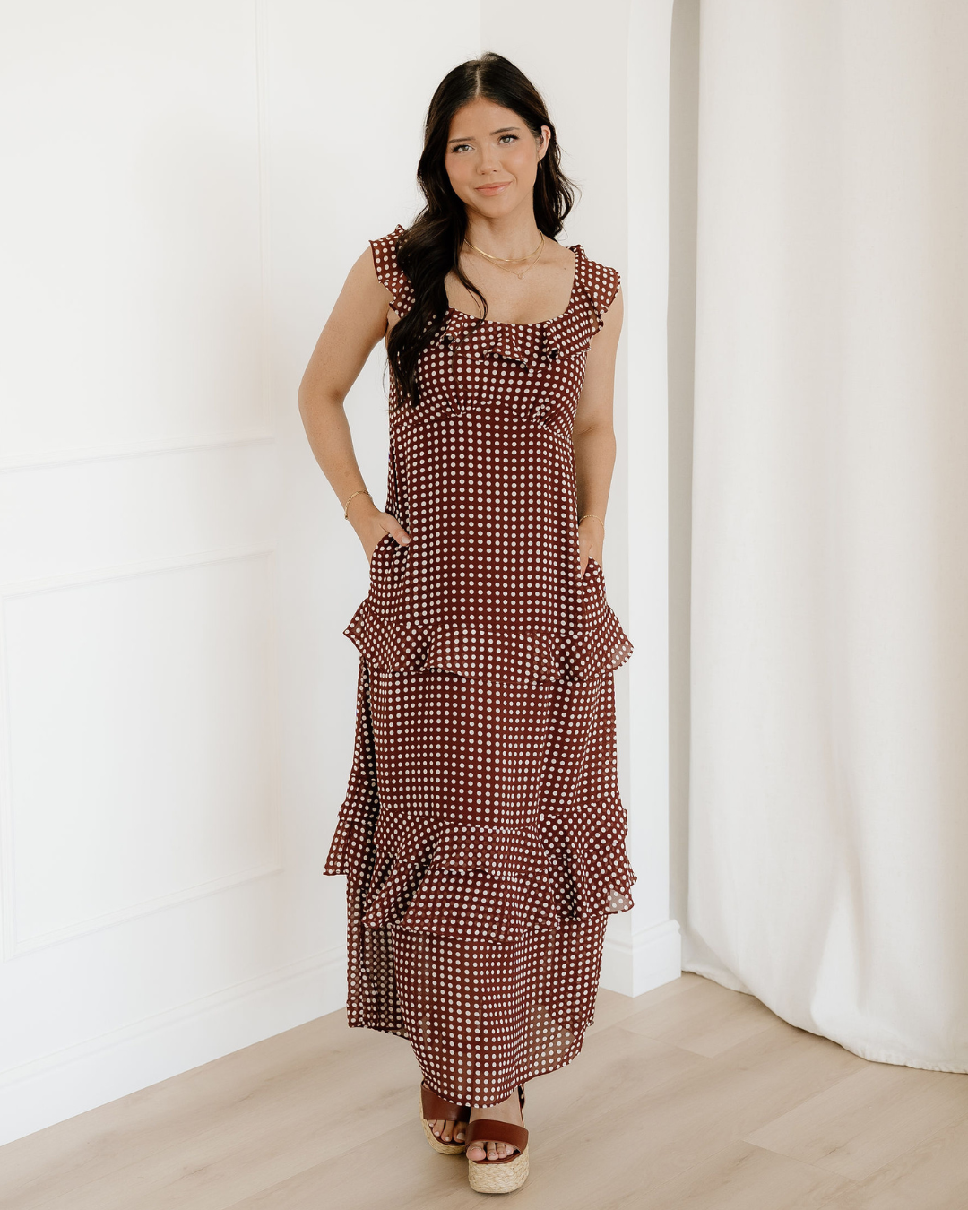 Irene Coffee Polka Dot Print Backless Ruffled Tiered Maxi Dress