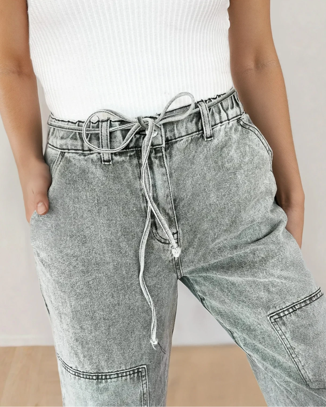 Shiloh Acid Wash Barrel Fit Denim Pants with Waist String - Gray