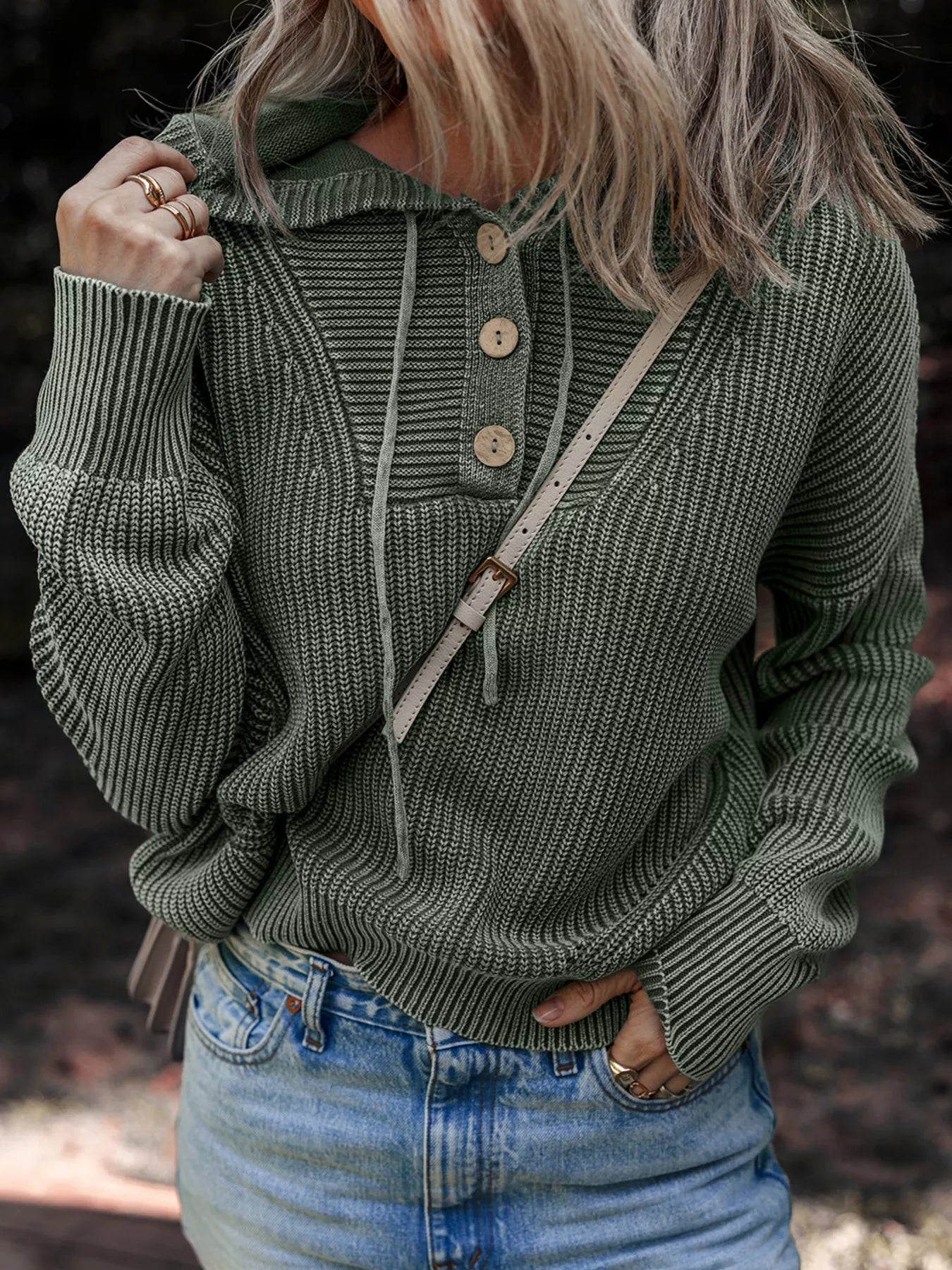 Mineral Wash Ribbed Knit Button Drawstring Neck Hooded Sweater
