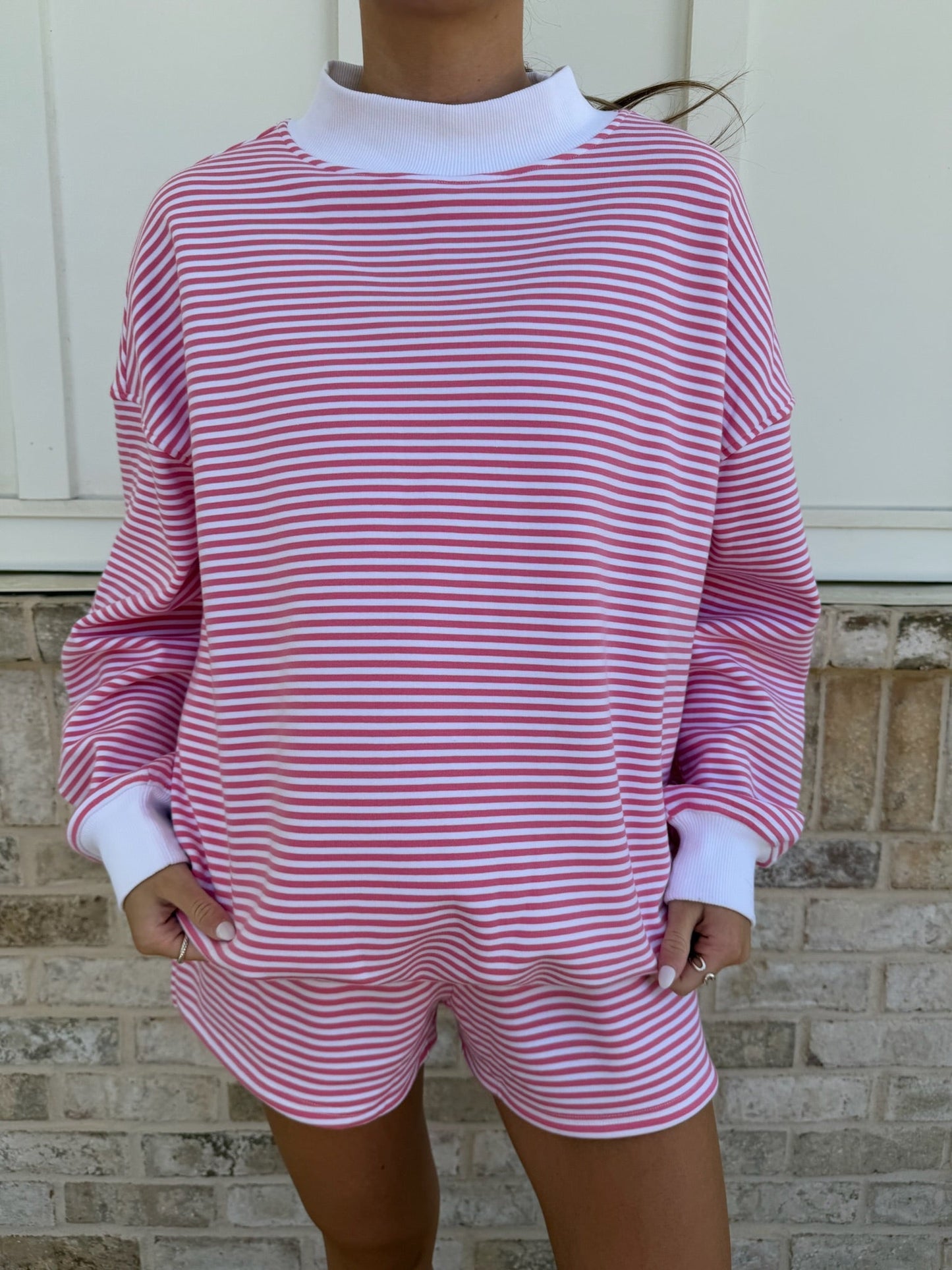 Dark Pink and White Big Striped Mockneck Sweatshirt