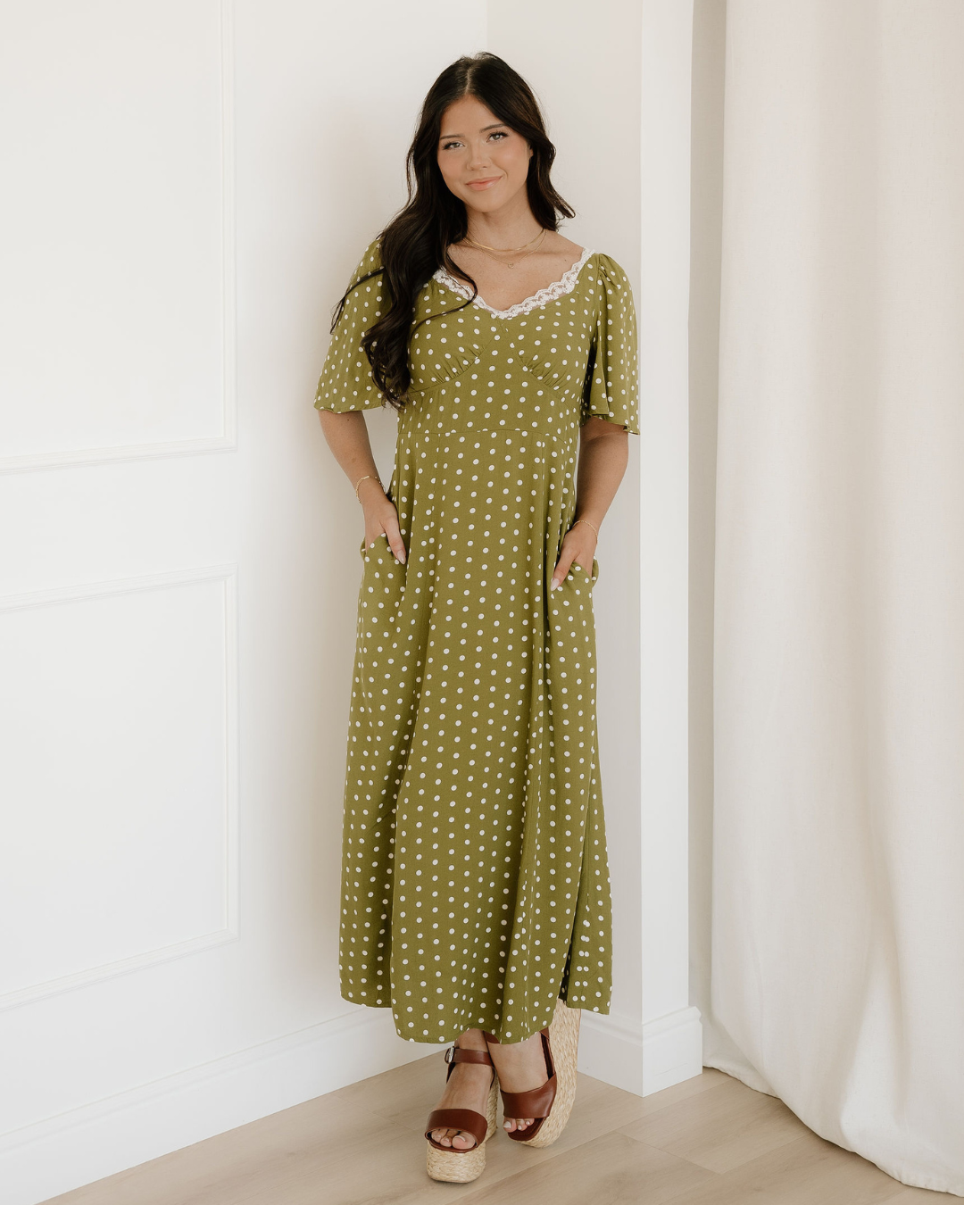 Maleah Polka Dot Print Lacy Neckline Smocked High Waist Maxi Dress