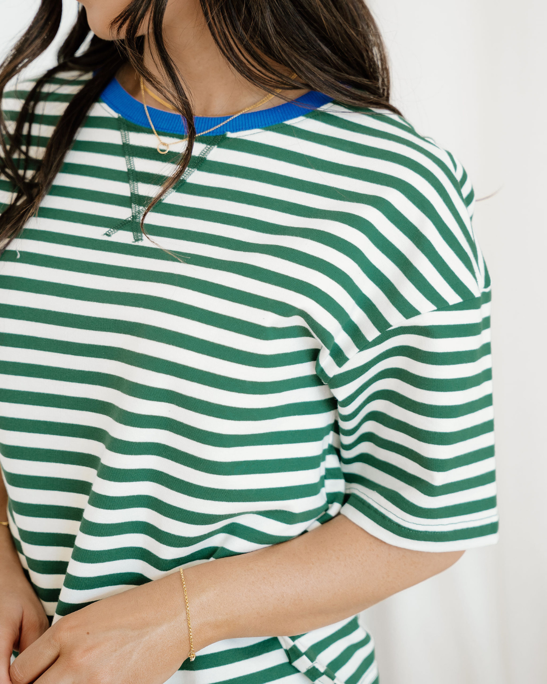 Elsa Stripe Drop Shoulder Boxy Casual Terry Short Set - Green