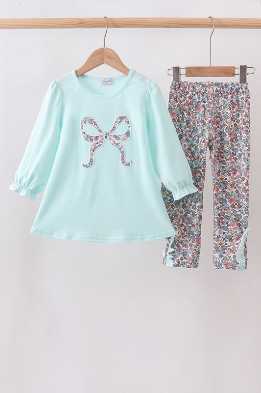 Blue Floral Bow Applique Pants Set