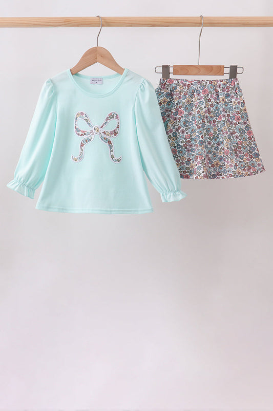 Blue Floral Bow Applique Skorts Set