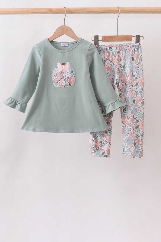 Sage Floral Pumpkin Applique Pants Set