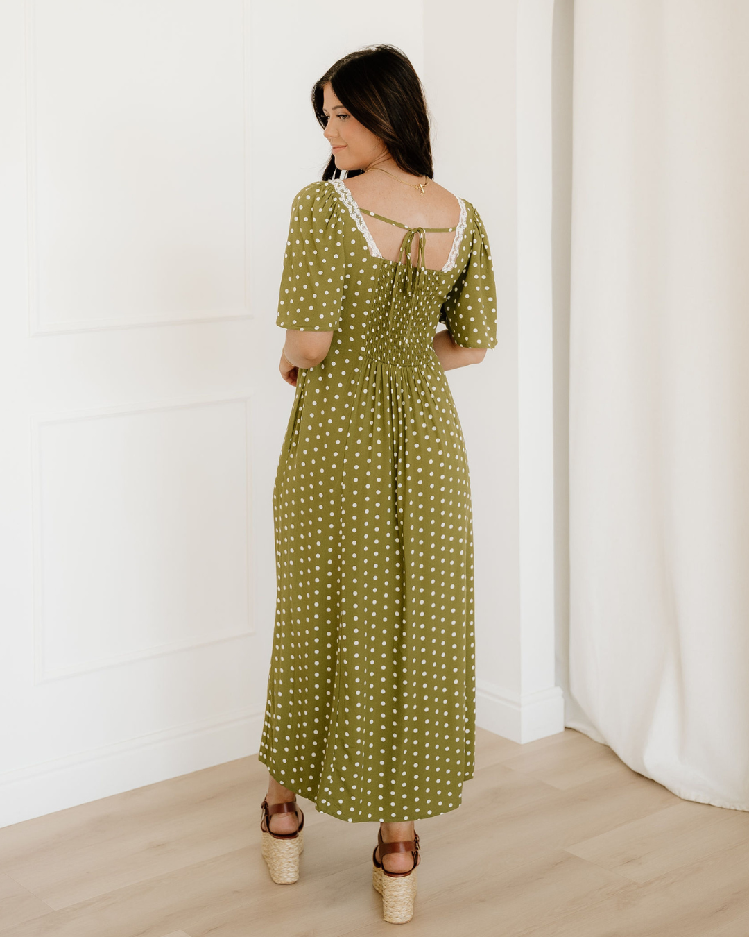 Maleah Polka Dot Print Lacy Neckline Smocked High Waist Maxi Dress