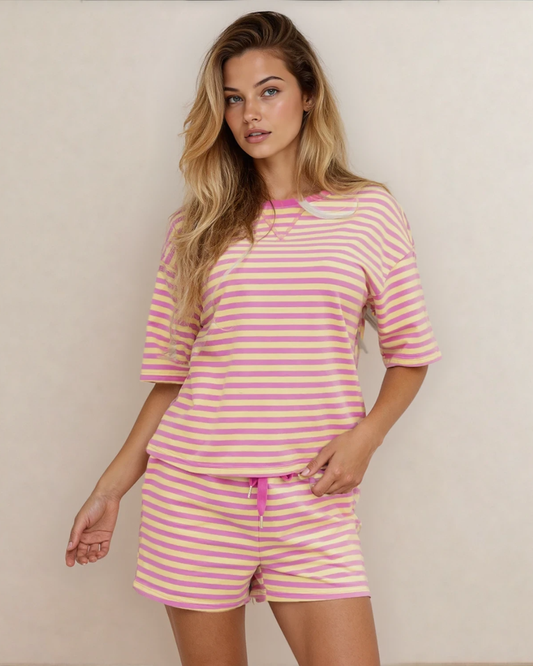Elsa Stripe Drop Shoulder Boxy Casual Terry Short Set - Sherbet