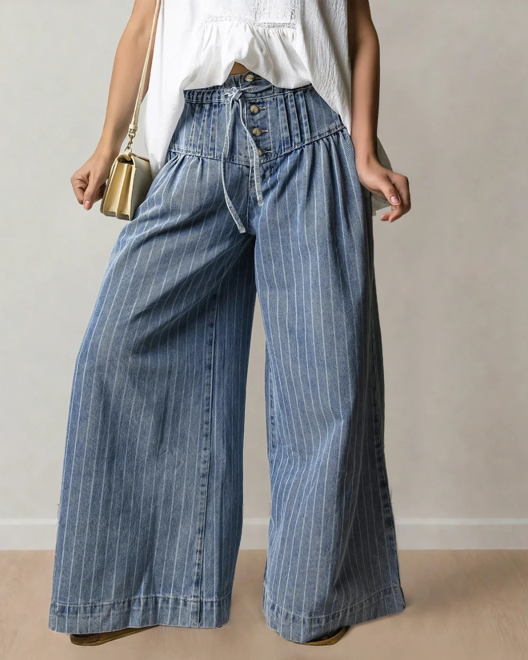 Cora Stripe Button Pleated Drawstring Waist Casual Wide Leg Jeans