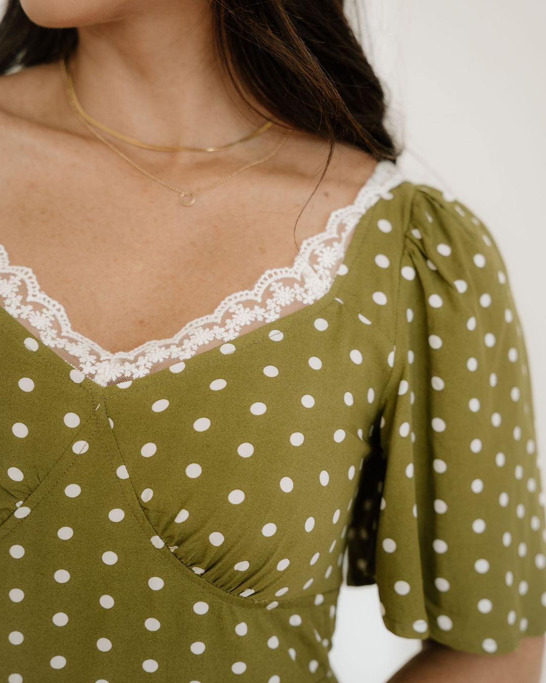 Maleah Polka Dot Print Lacy Neckline Smocked High Waist Maxi Dress