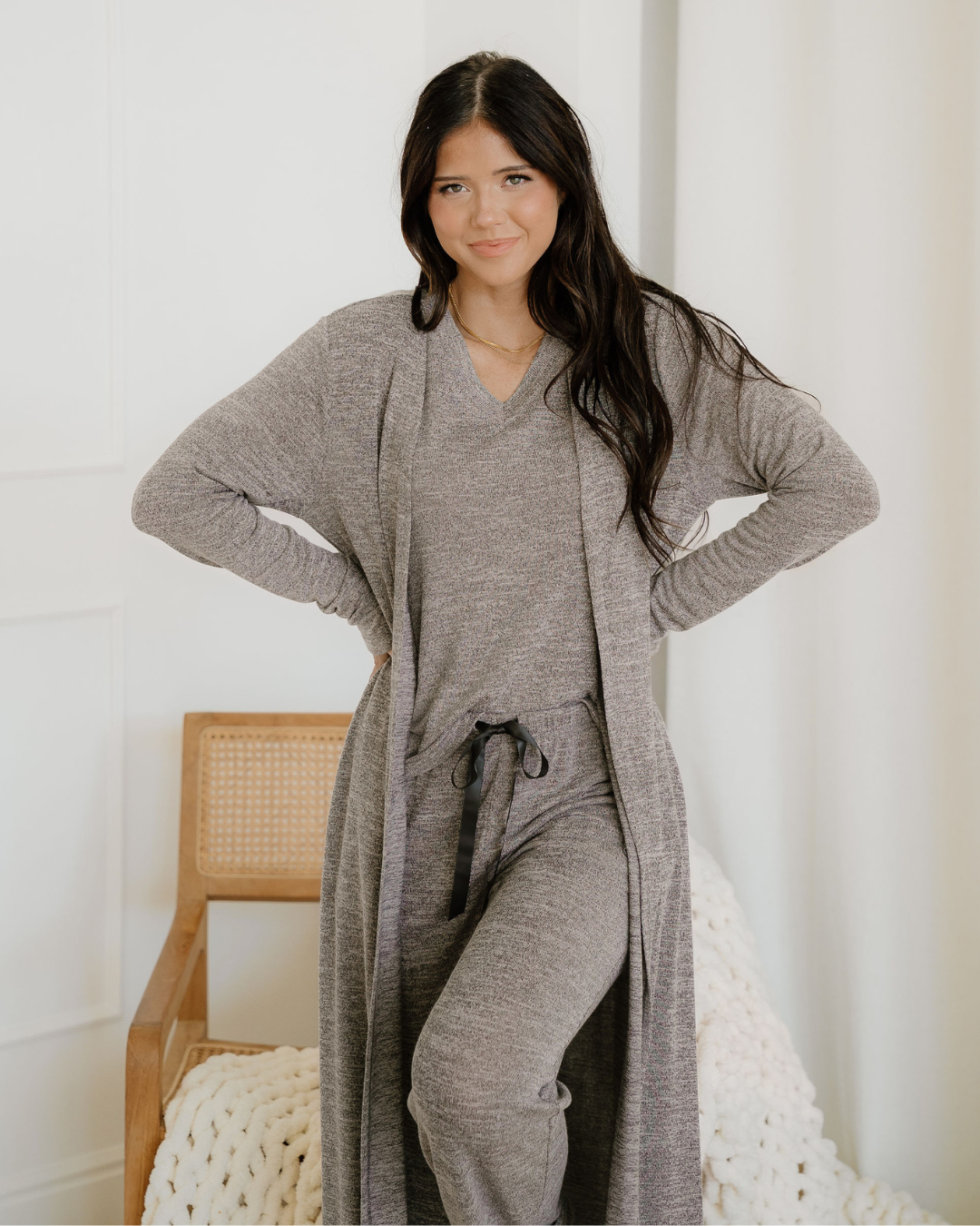 Maggie 3pcs V Neck T Shirt Ribbon Knot Pants Open Duster 3pcs Lounge Set - Gray