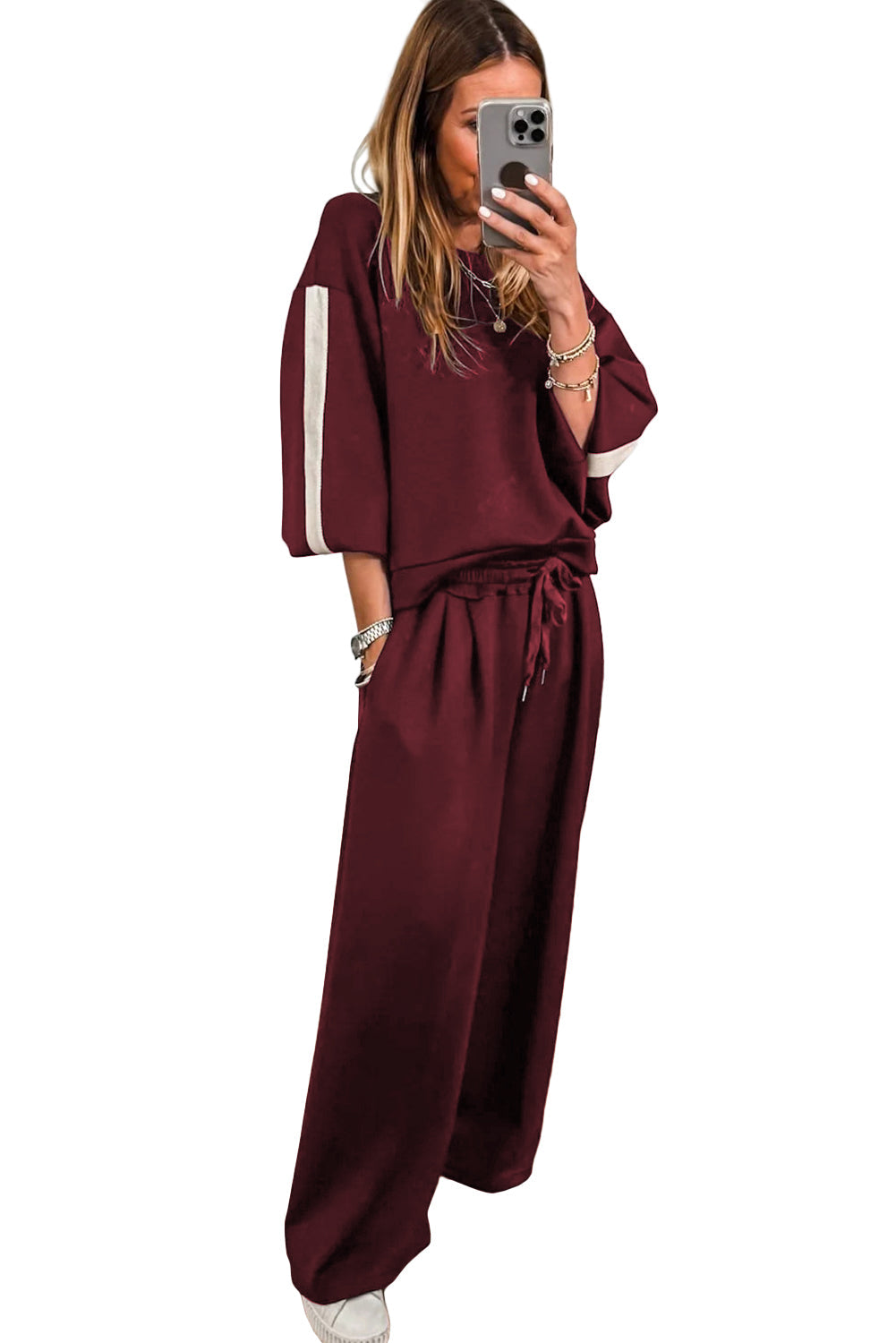 Phoebe Varsity Striped 3/4 Sleeve Pullover Drawstring Sweatpants Set