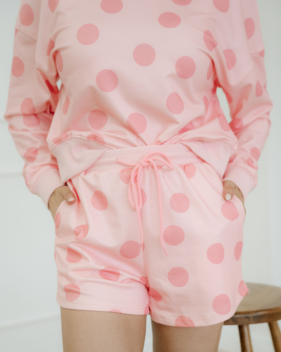 Kaylee Polka Dot Print Drop Shoulder Pullover Drawstring Shorts Set - Pink