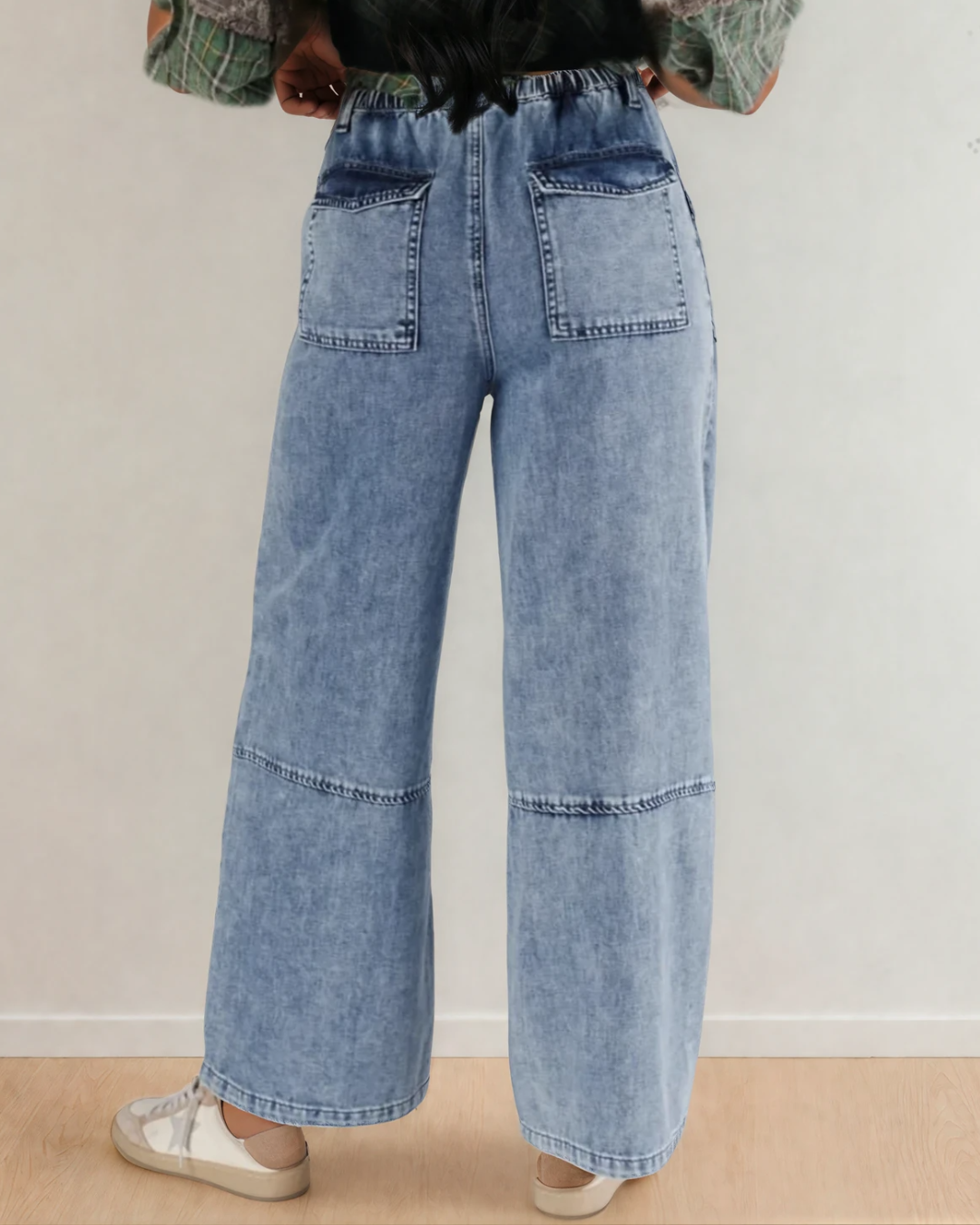 Celestine Acid Wash Exposed Seam Drawstring Elastic Waist Barrel Jeans