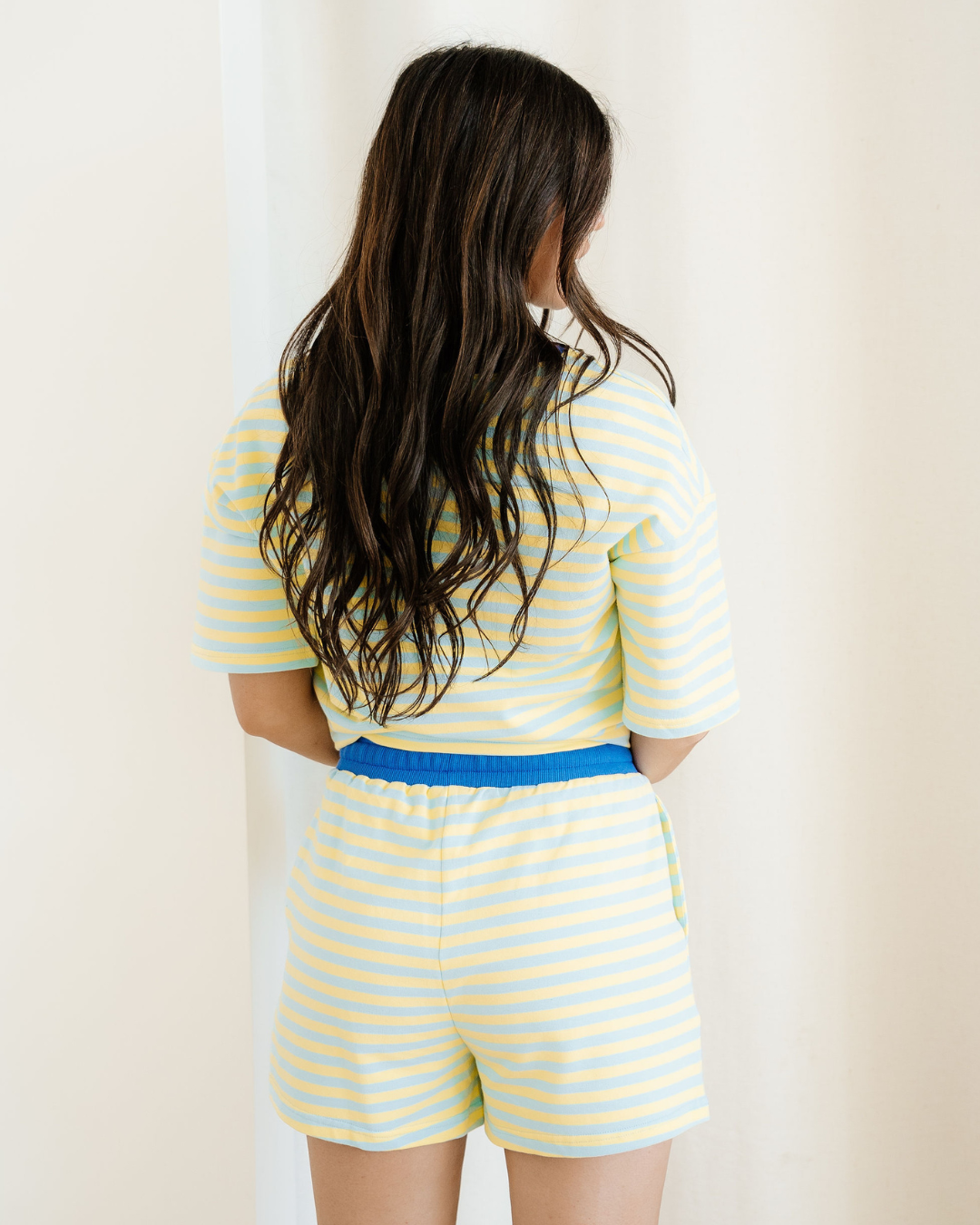 Elsa Stripe Drop Shoulder Boxy Casual Terry Short Set - Yellow