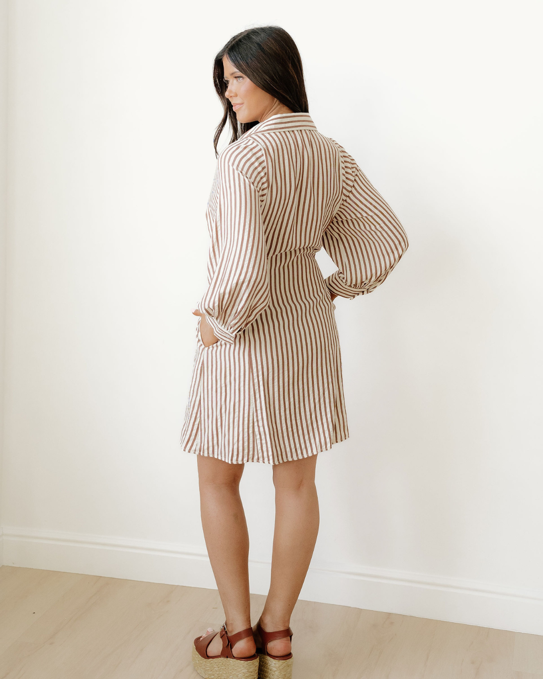 Selena Knot Waist Puff Sleeve Button Down Mini Shirt Dress