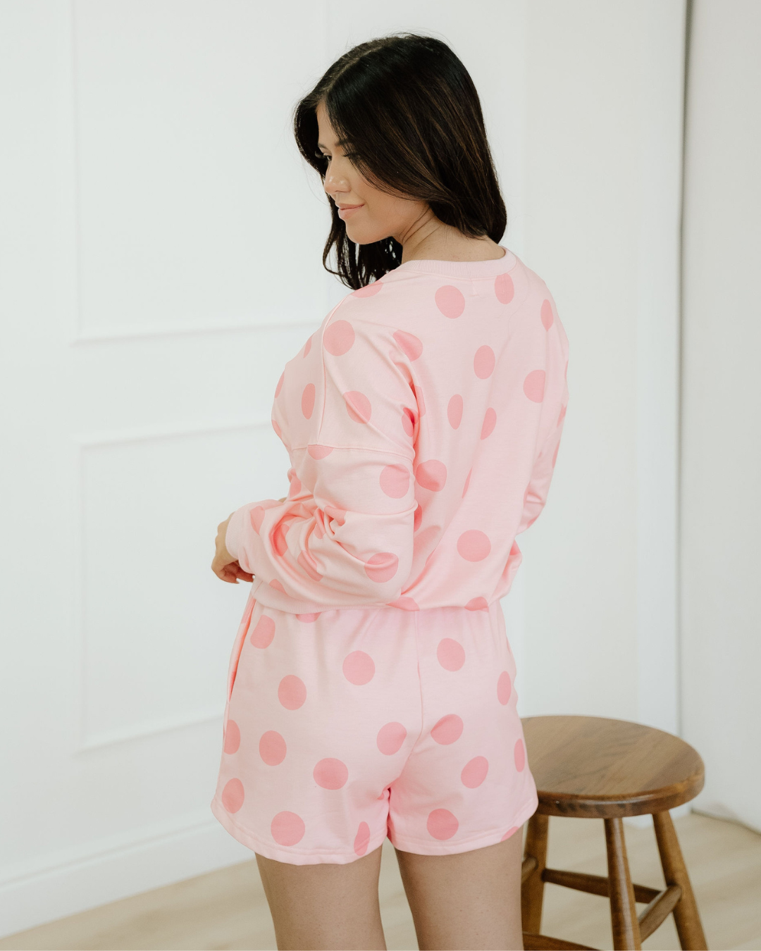 Kaylee Polka Dot Print Drop Shoulder Pullover Drawstring Shorts Set - Pink