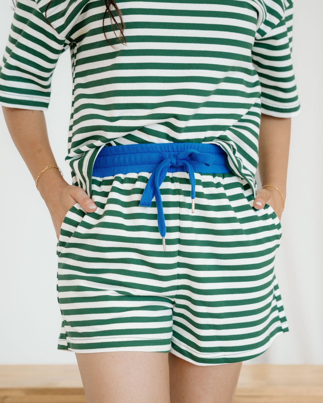 Elsa Stripe Drop Shoulder Boxy Casual Terry Short Set - Green