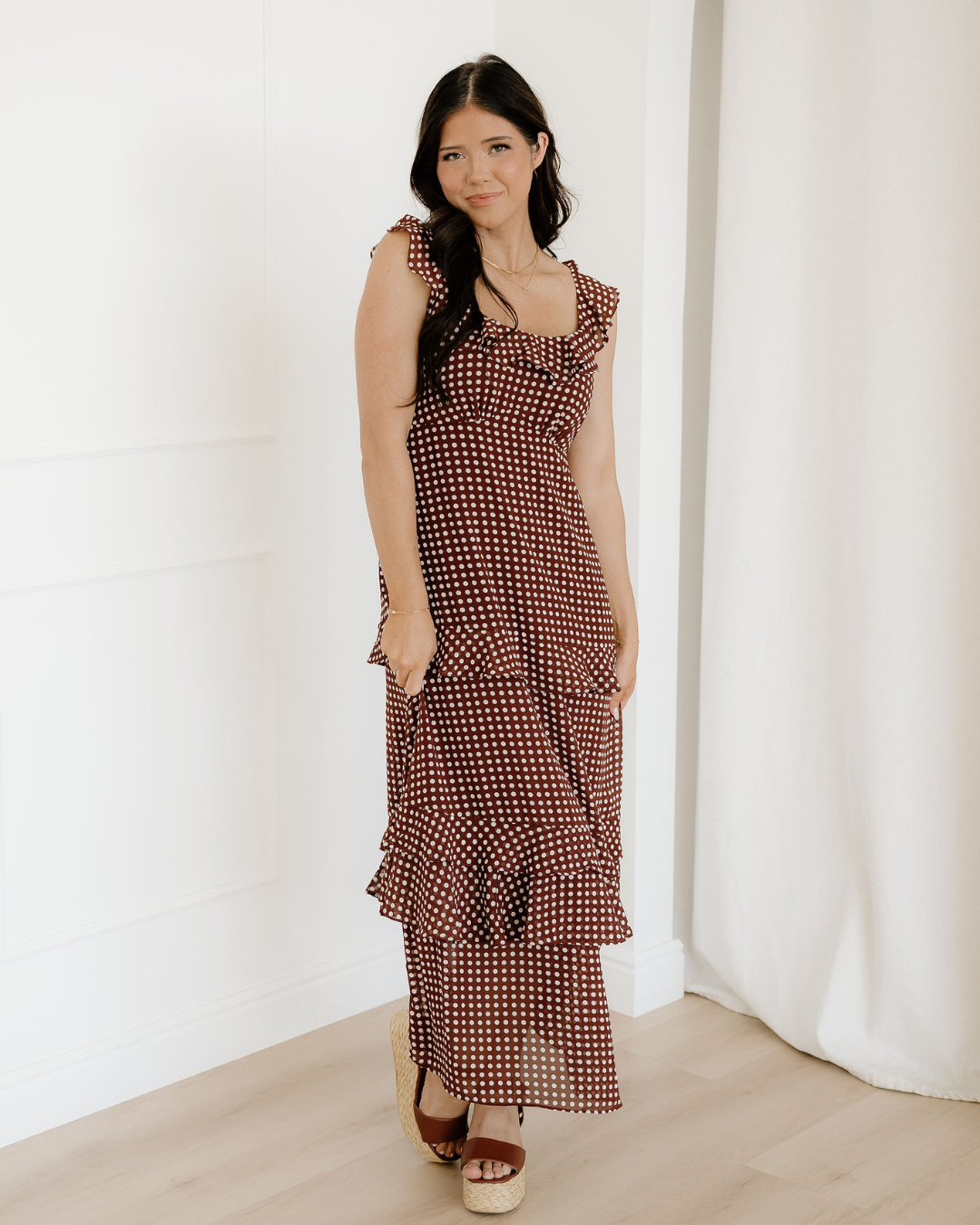 Irene Coffee Polka Dot Print Backless Ruffled Tiered Maxi Dress