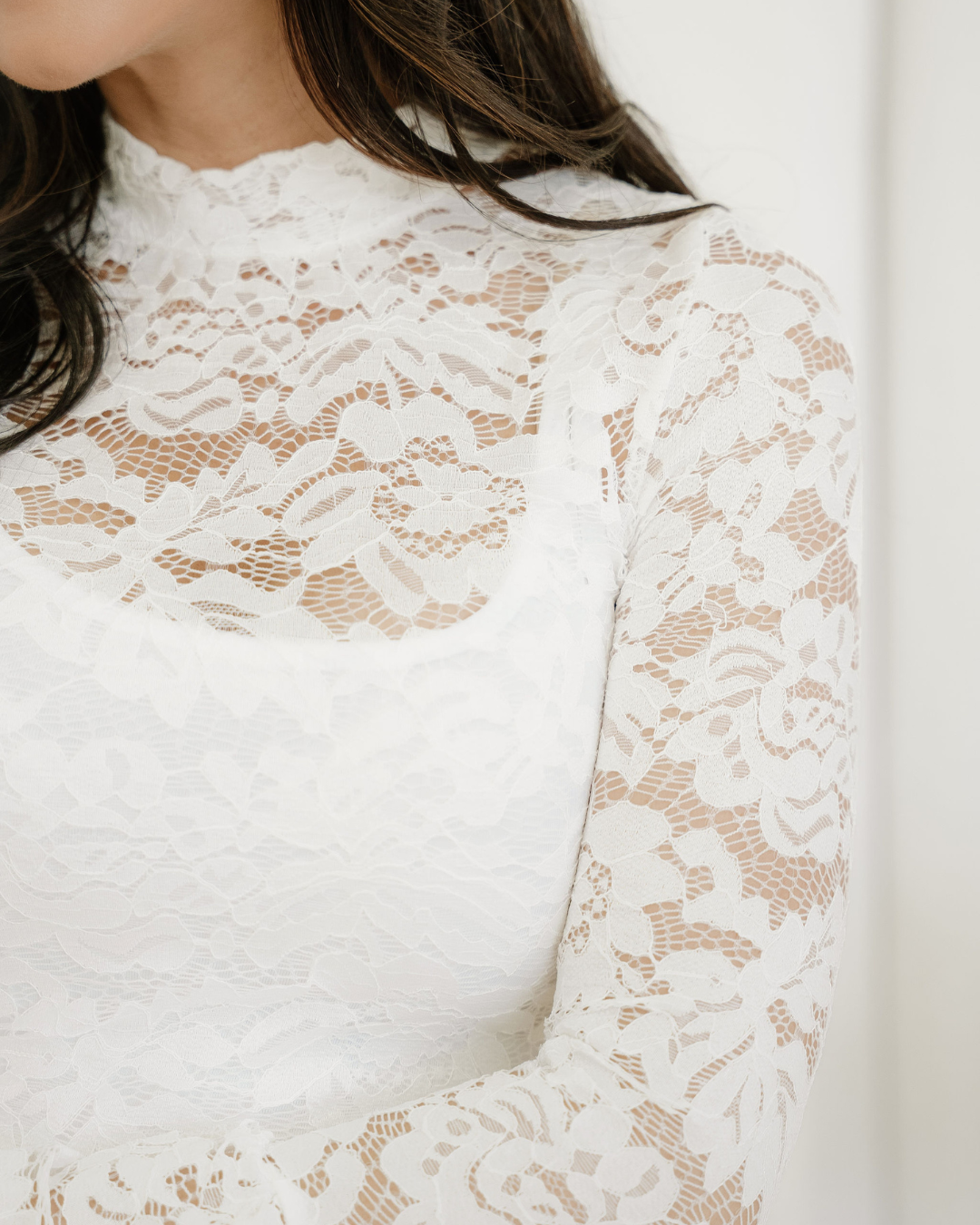 White Lace Crochet Bell Sleeve Mock Neck Blouse