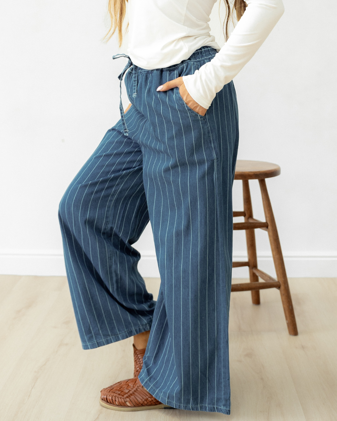 Emilia Wide Leg Waist Pants - Dark Blue