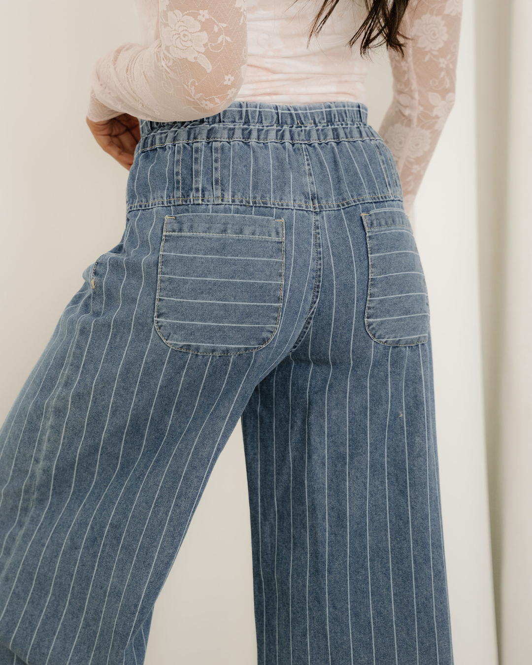 Cora Stripe Button Pleated Drawstring Waist Casual Wide Leg Jeans