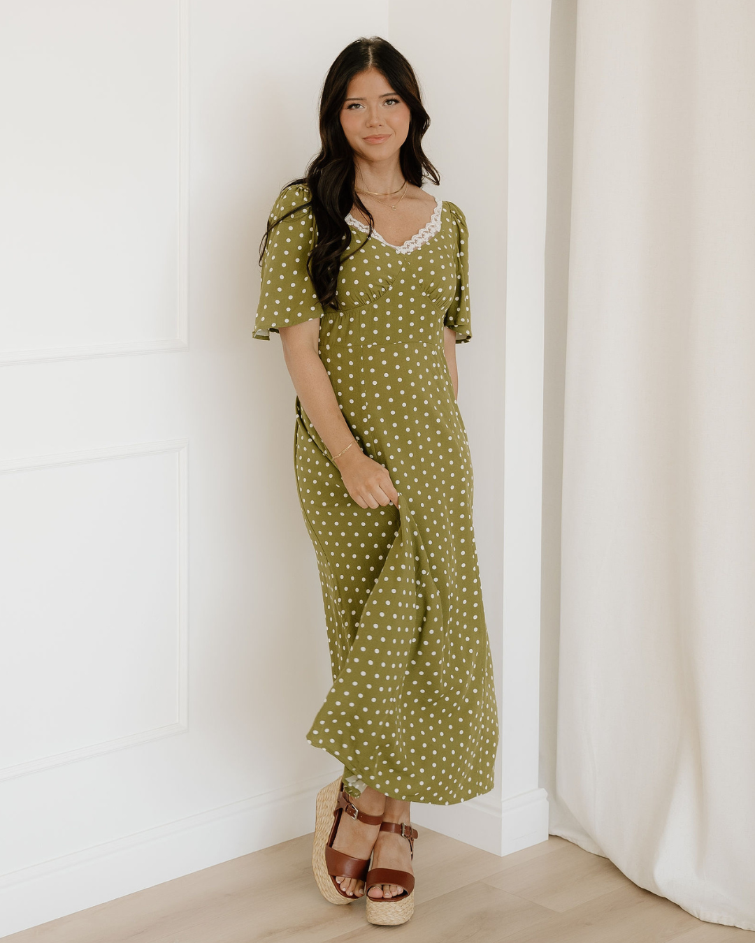 Maleah Polka Dot Print Lacy Neckline Smocked High Waist Maxi Dress