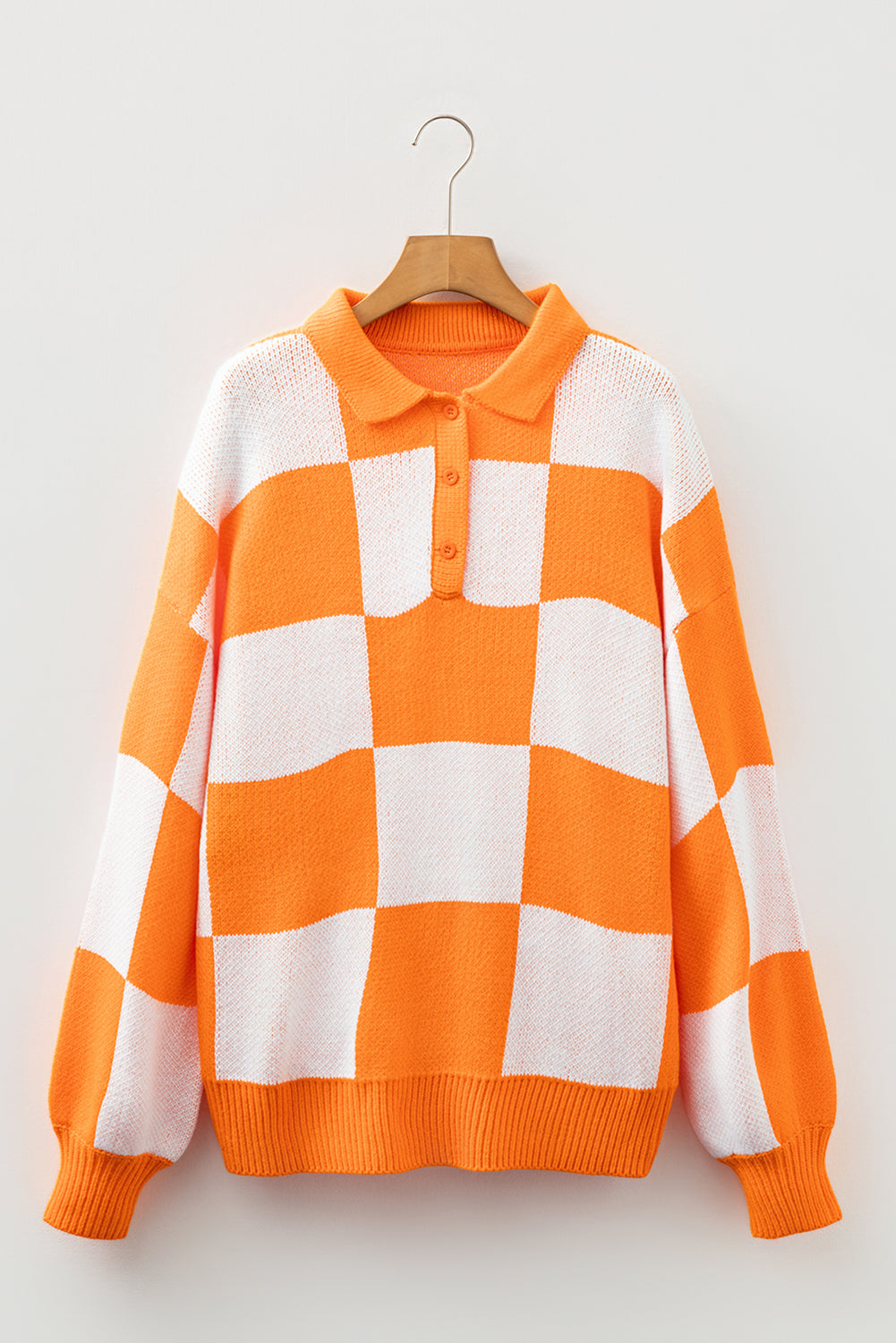 V Neck Checkered Sweater - Tangerine