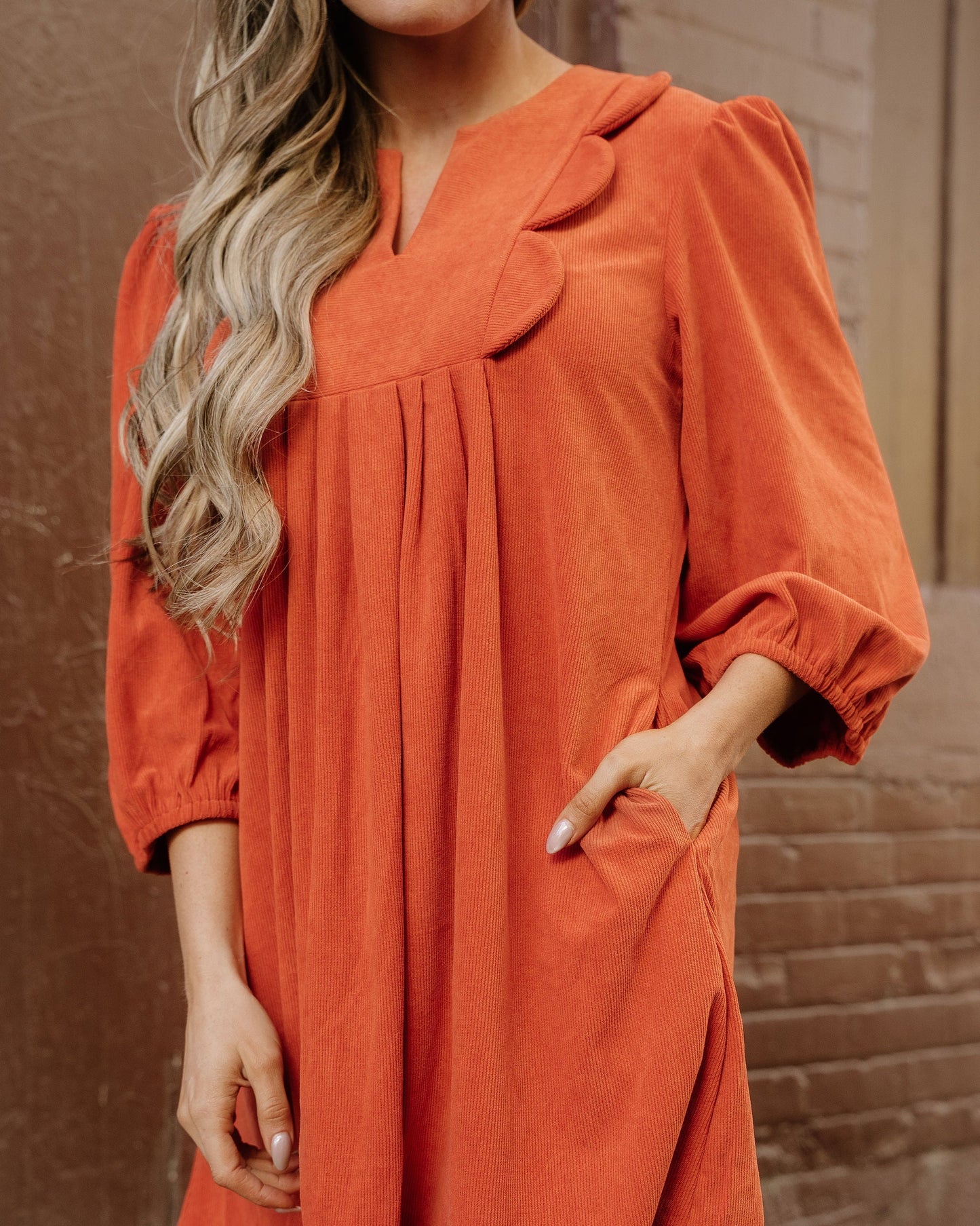 Micah Scallop Detail Pleated Corduroy Mini Dress - Orange
