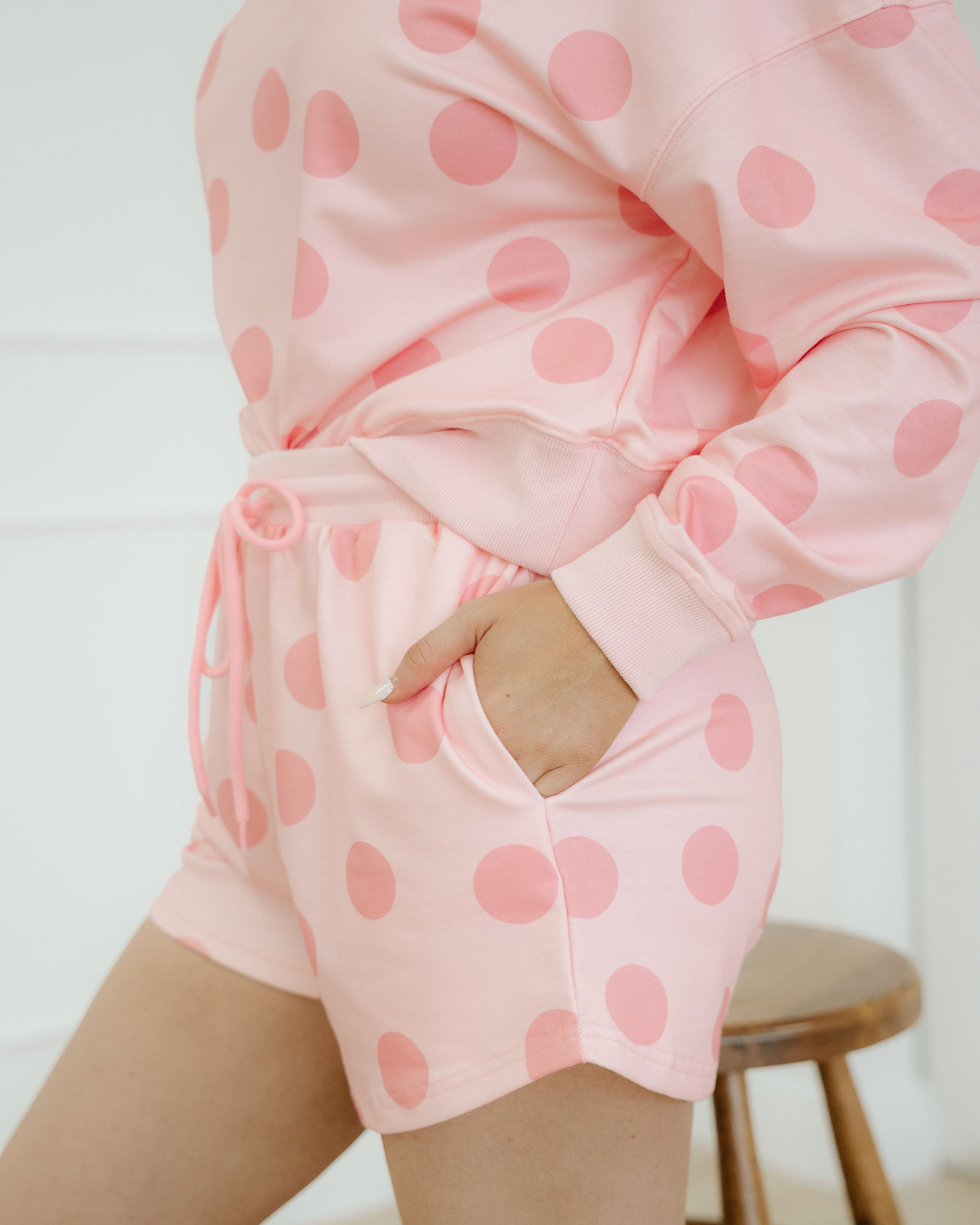 Kaylee Polka Dot Print Drop Shoulder Pullover Drawstring Shorts Set - Pink
