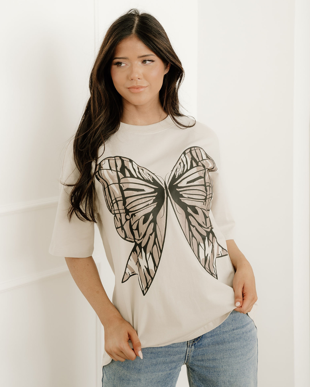 Big Bow Print Drop Shoulder Oversized Tee
