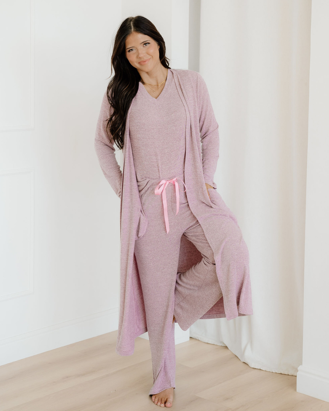 Maggie 3pcs V Neck T Shirt Ribbon Knot Pants Open Duster 3pcs Lounge Set - Rose