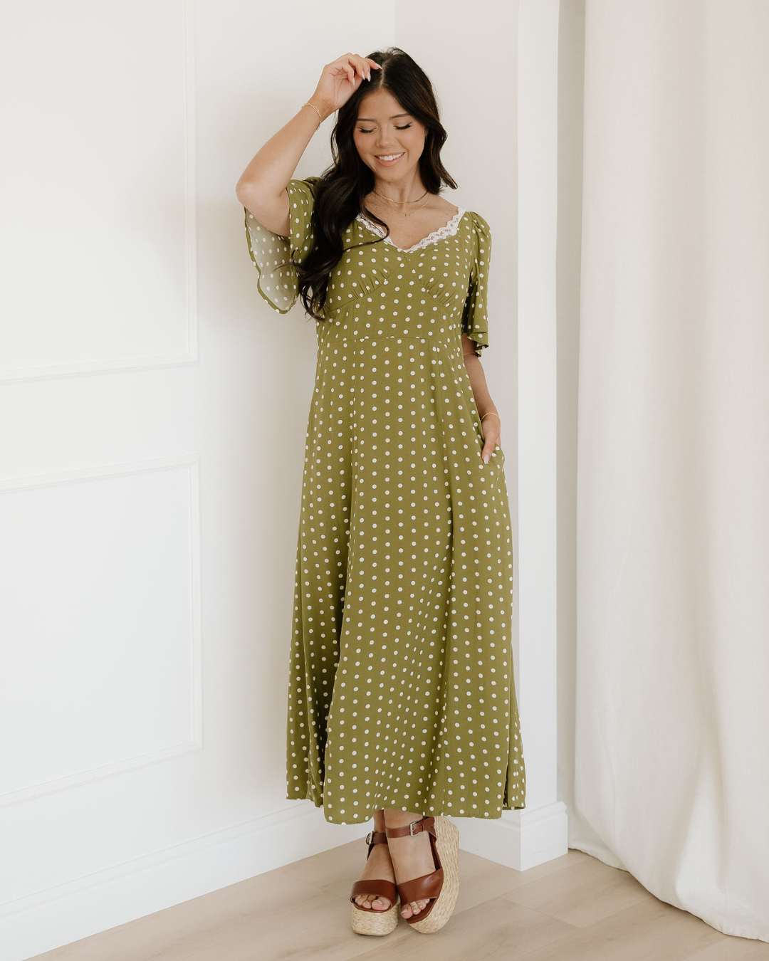 Maleah Polka Dot Print Lacy Neckline Smocked High Waist Maxi Dress