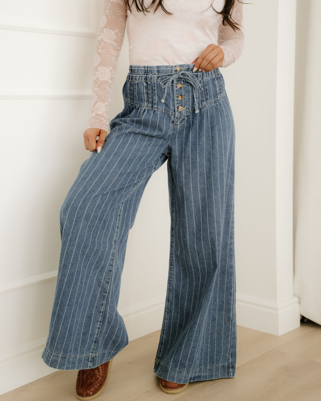 Cora Stripe Button Pleated Drawstring Waist Casual Wide Leg Jeans
