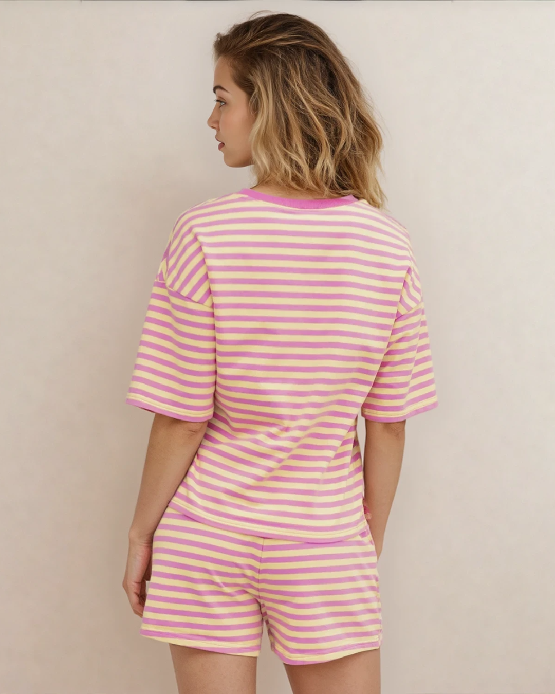 Elsa Stripe Drop Shoulder Boxy Casual Terry Short Set - Sherbet