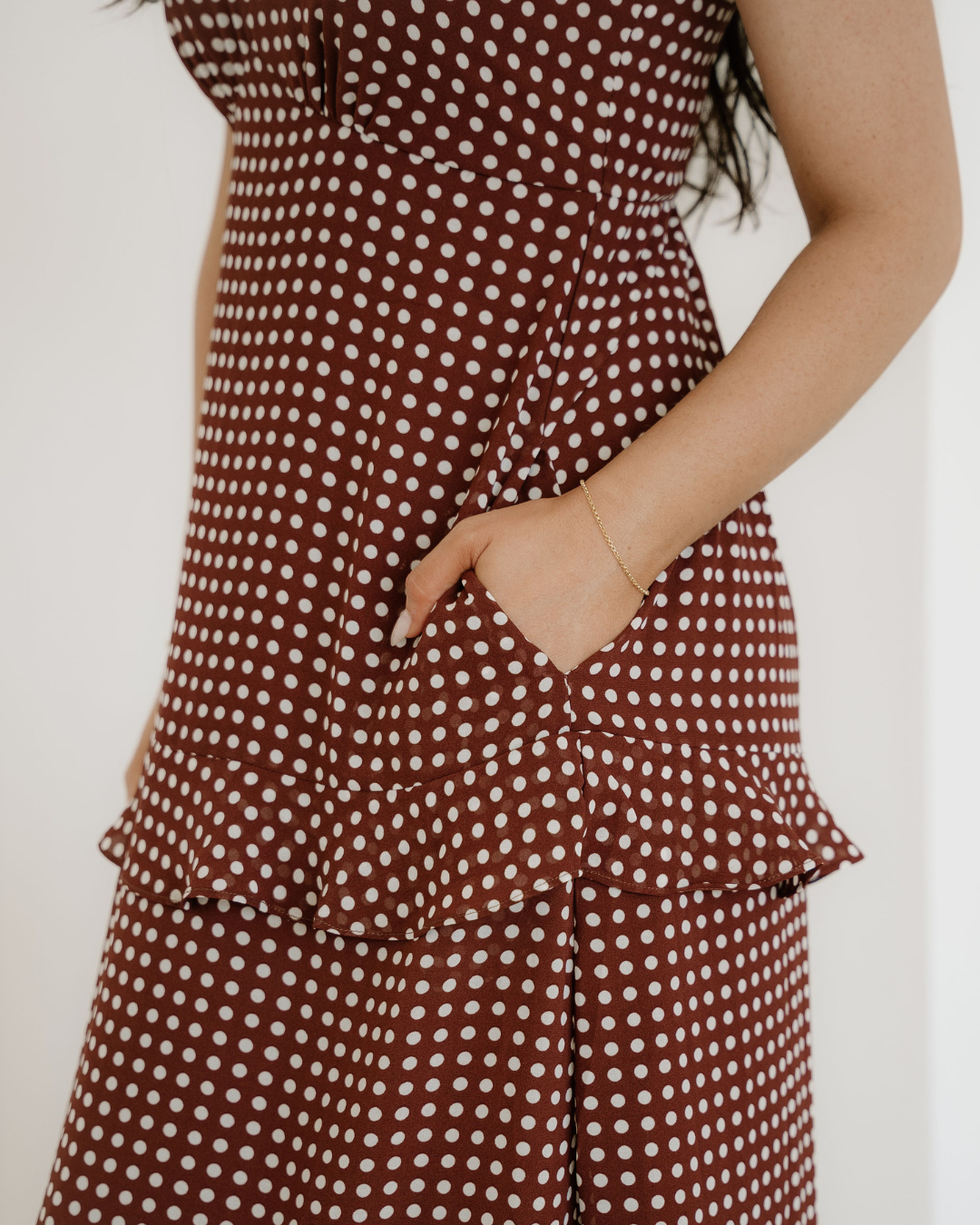 Irene Coffee Polka Dot Print Backless Ruffled Tiered Maxi Dress