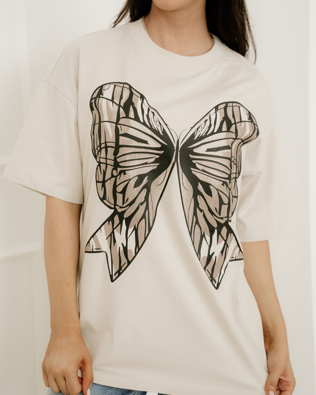 Big Bow Print Drop Shoulder Oversized Tee