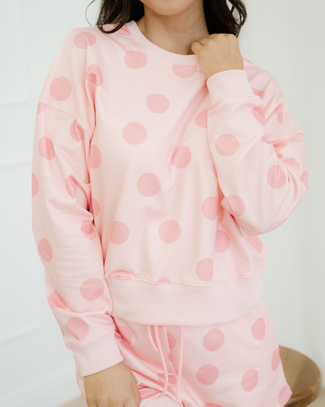Kaylee Polka Dot Print Drop Shoulder Pullover Drawstring Shorts Set - Pink