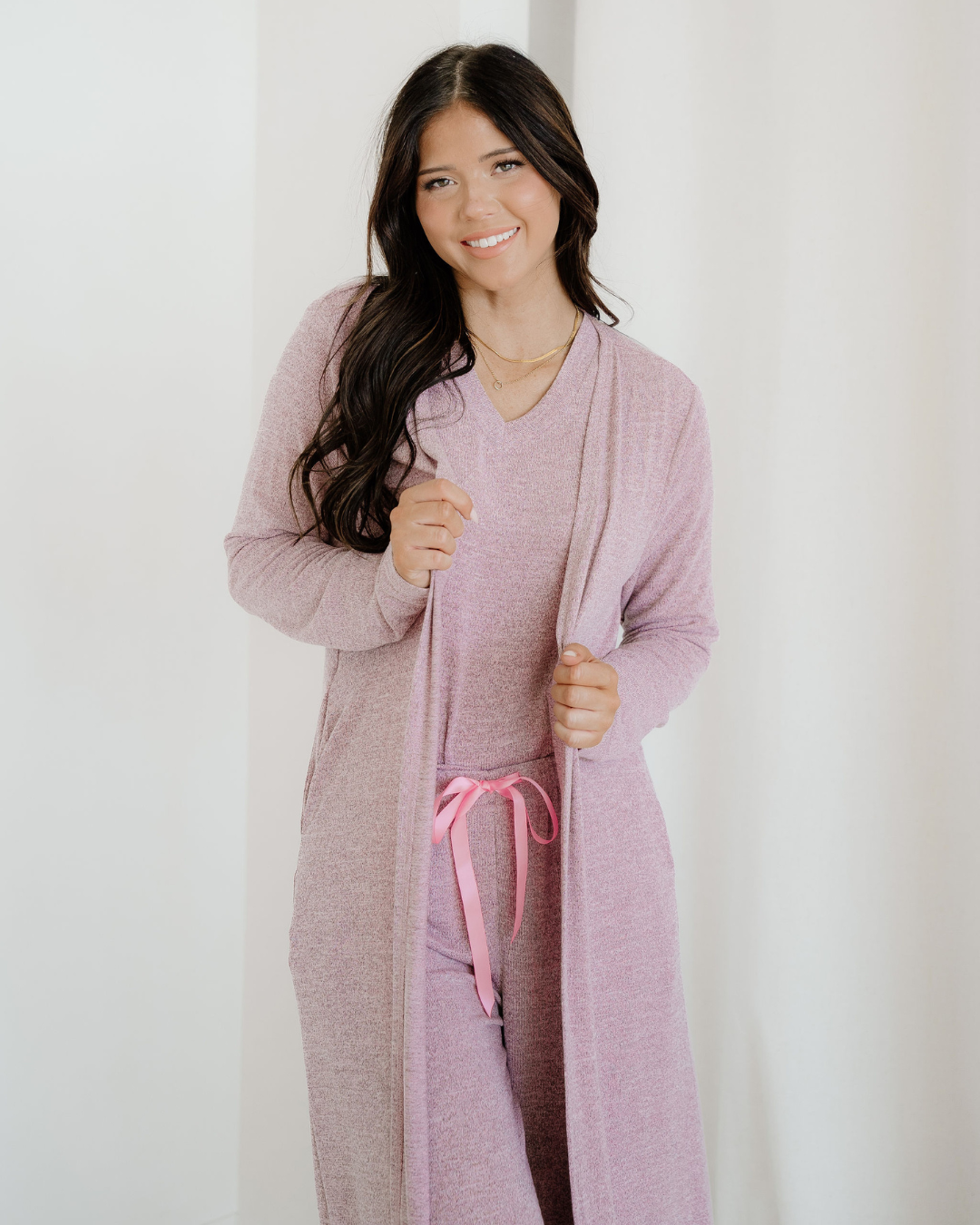 Maggie 3pcs V Neck T Shirt Ribbon Knot Pants Open Duster 3pcs Lounge Set - Rose