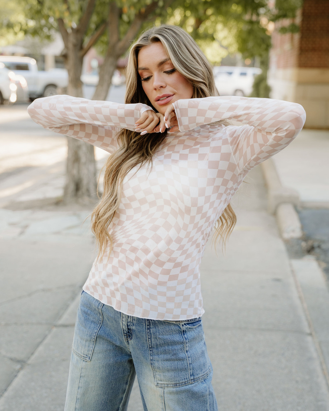 Sheer Checkered Top - Khaki