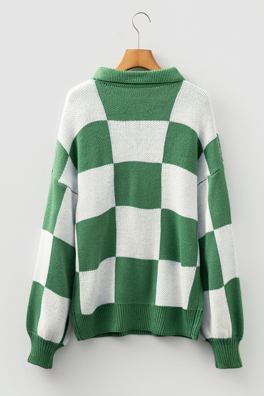 V Neck Checkered Sweater - Green