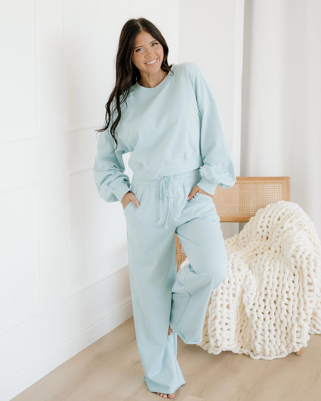 Miles Crop Pullover Drawstring Wide Leg Pants Set - Blue