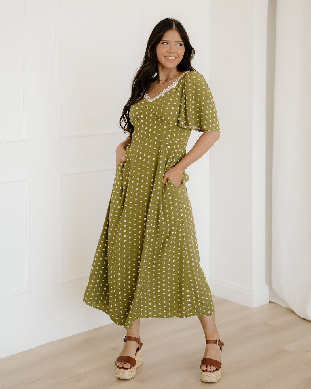 Maleah Polka Dot Print Lacy Neckline Smocked High Waist Maxi Dress