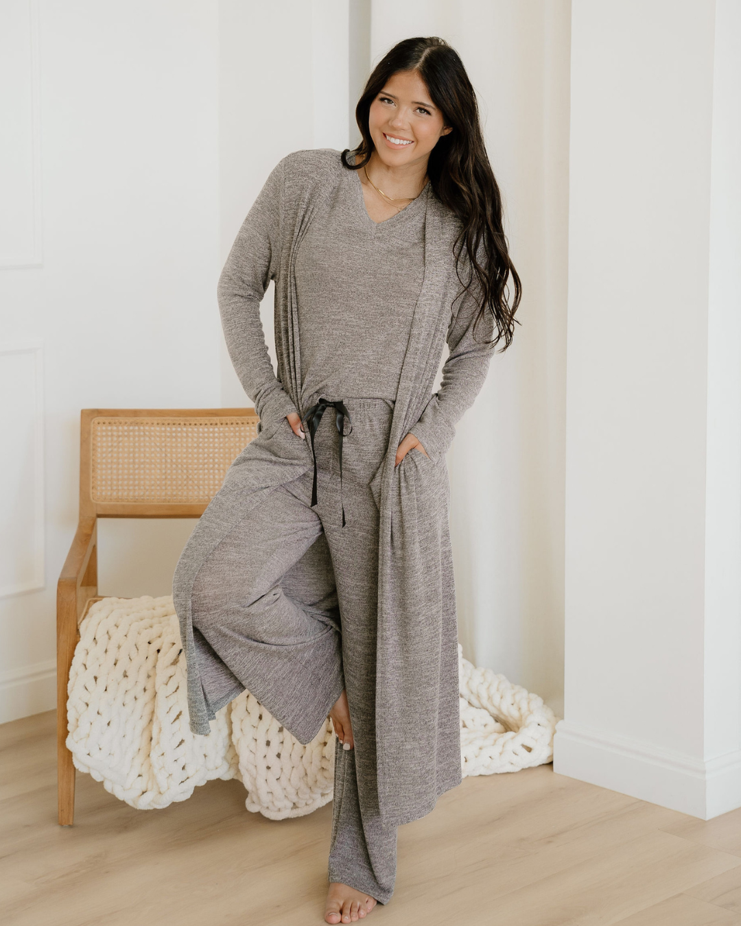 Maggie 3pcs V Neck T Shirt Ribbon Knot Pants Open Duster 3pcs Lounge Set - Gray