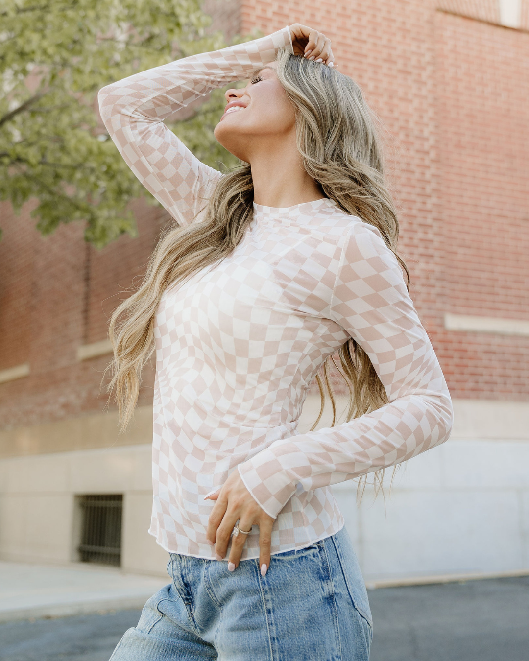 Sheer Checkered Top - Khaki