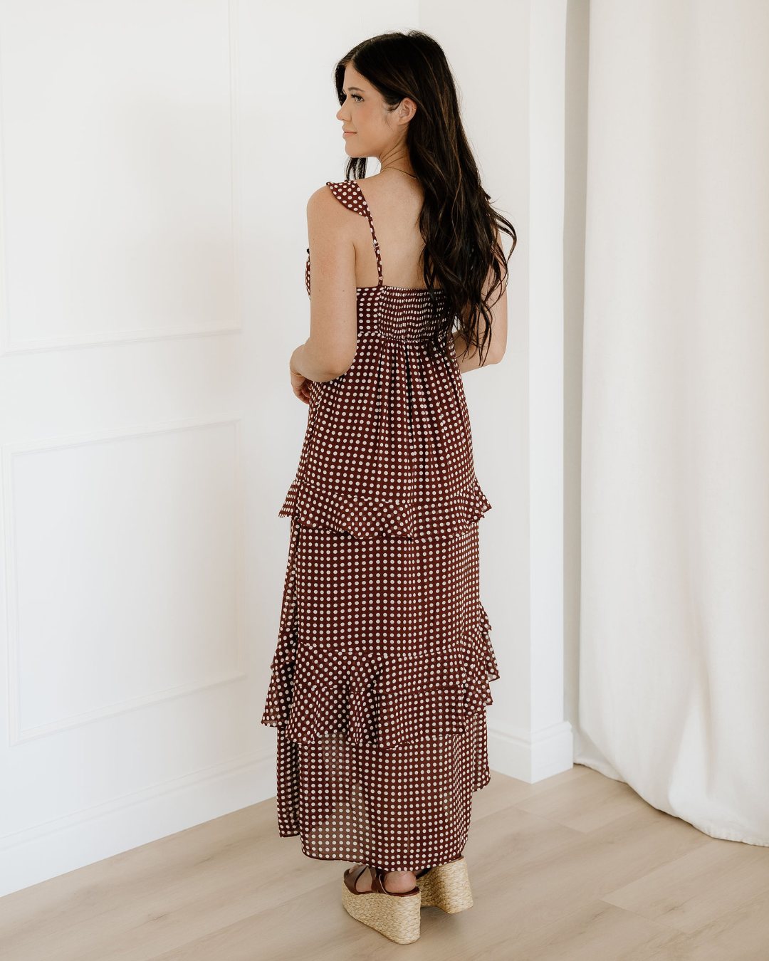 Irene Coffee Polka Dot Print Backless Ruffled Tiered Maxi Dress