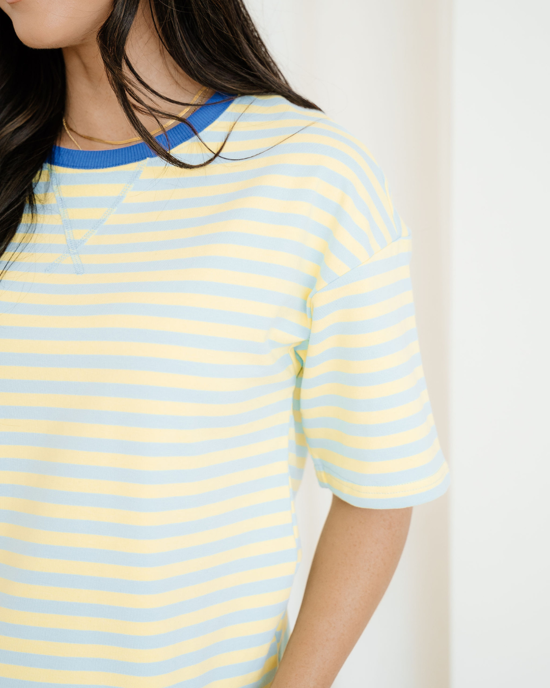 Elsa Stripe Drop Shoulder Boxy Casual Terry Short Set - Yellow