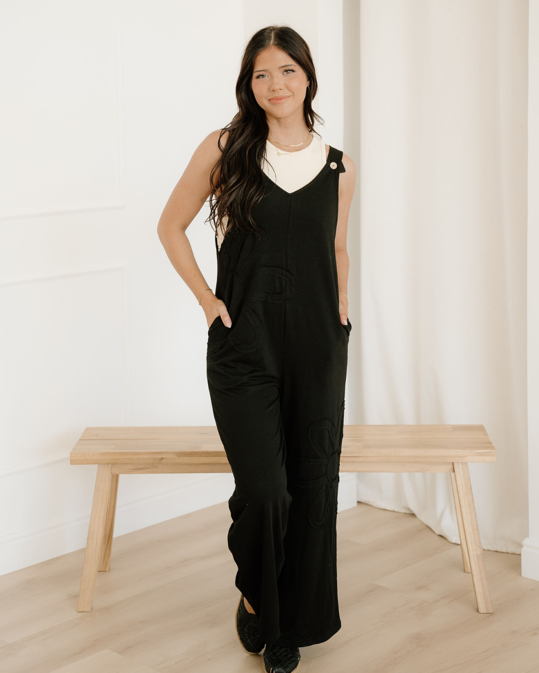 Zinnia Raw Seam Big Flower Patched Loose Overall Jumper
