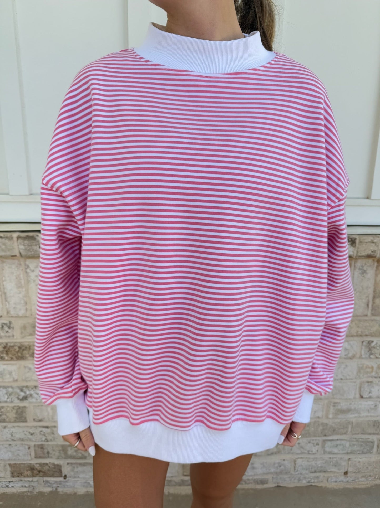 Dark Pink and White Big Striped Mockneck Sweatshirt