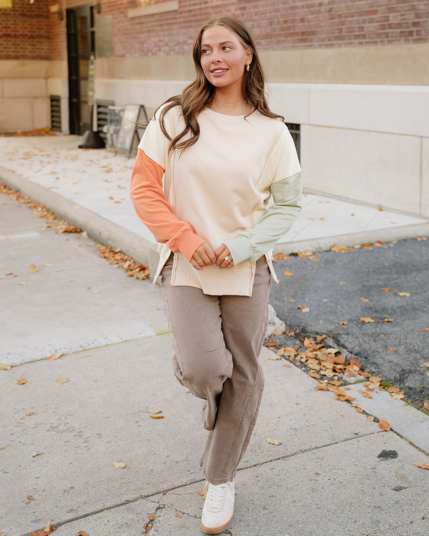 Evelyn Colorblock Patchwork Split Hem Casual Sweatshirt