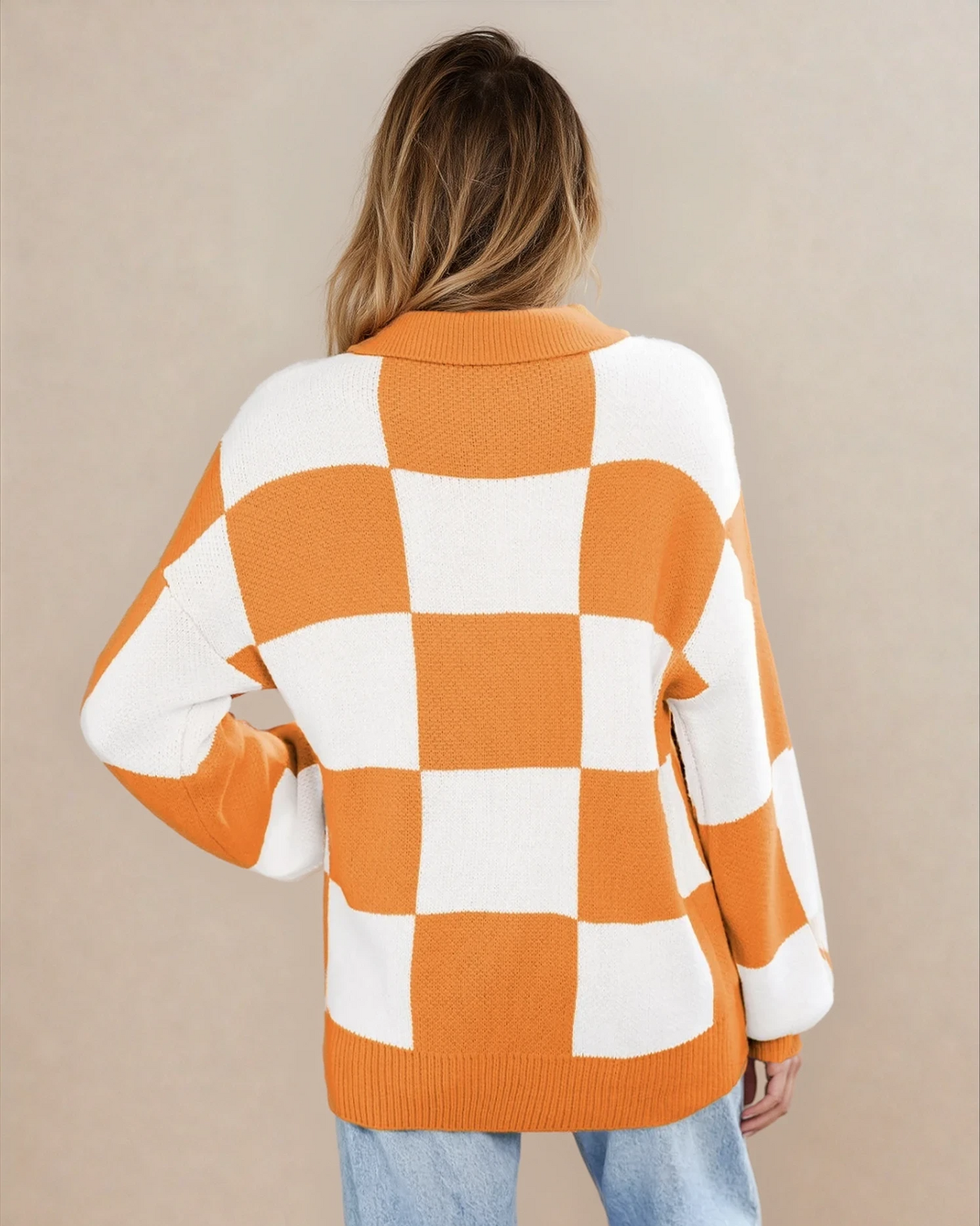 V Neck Checkered Sweater - Tangerine